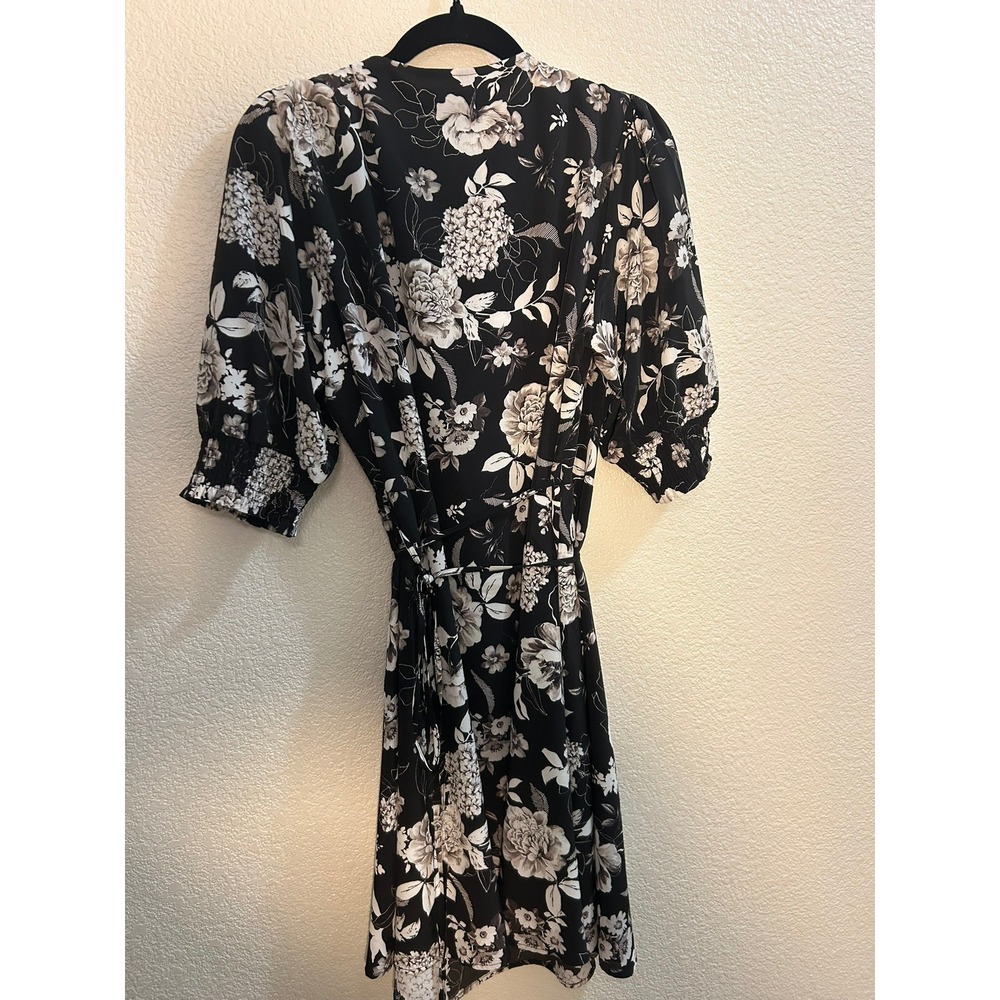 City Chic Black Mod Floral Wrap Dress Size S 16 Puff Sleeve Knee Length NWT